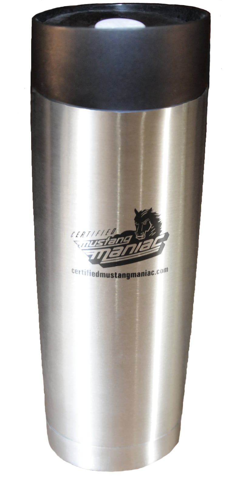 May include: A stainless steel travel mug with a black lid. The mug has a black and white logo that says "Certified Mustang Maniac" with a running horse graphic. The website address "certifiedmustangmaniac.com" is printed below the logo.