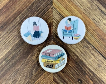 Literary Gifts - Cozy with a Book - Book Lover Set - 1.25" Button Pins or Magnets