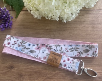 Schönes Schlüsselband Blumen Vegan Schlüsselanhänger • FLOREA FLOWERS • weiße Punkte Rosa • Ausweishalter Schlüsselbund Schlüsselkette Leder