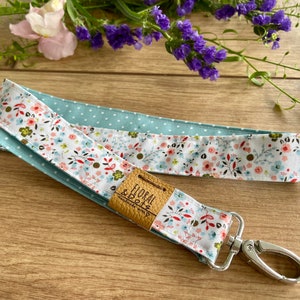 BLOOM • Lanyard Dots Dots Turquoise • Lanyard Dots • Keychain ID Lanyard Flowers Scattered Flowers Fabric Stitched Leather Handmade