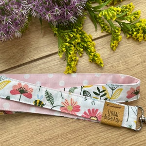 Schlüsselband vegan Schlüsselanhänger Blumen Ausweisband FLOWERY white • Punkte Rosa • Lanyard Key Chain • Schlüsselbund Halter lang