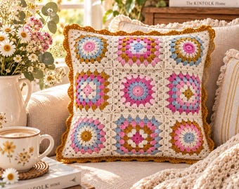 Könnte beinhalten: Ein quadratischer Kissenbezug aus Häkelarbeit mit einem Gitter aus neun Granny Squares in den Farben Rosa, Hellblau, Senfgelb und Creme. Das Kissen ist an allen vier Kanten mit einer dekorativen, senfgelben, gehäkelten Bogenkante versehen.