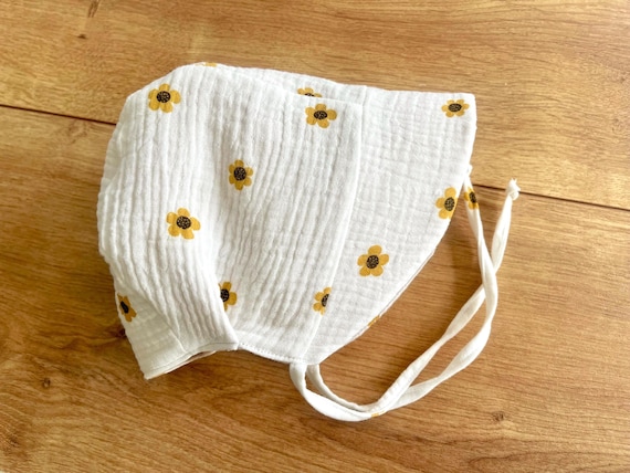 Sonnenhut Baby Musselin Sommerhut Mütze • SONNENBLUME •  Baby Sun Bonnet • Haube Bio Baumwolle • leichtes Mützchen  Baby Hut • Blumen