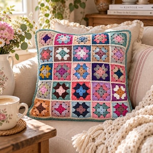 Könnte beinhalten: Ein quadratisches Zierkissen mit einem bunten Häkelmuster aus Granny Squares. Das Design besteht aus einem Raster einzelner Quadrate in verschiedenen Blau-, Rosa-, Gelb-, Lila- und Brauntönen, die mit einer cremefarbenen Garnumrandung verbunden sind.