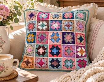 Könnte beinhalten: Ein quadratisches Zierkissen mit einem bunten Häkelmuster aus Granny Squares. Das Design besteht aus einem Raster einzelner Quadrate in verschiedenen Blau-, Rosa-, Gelb-, Lila- und Brauntönen, die mit einer cremefarbenen Garnumrandung verbunden sind.