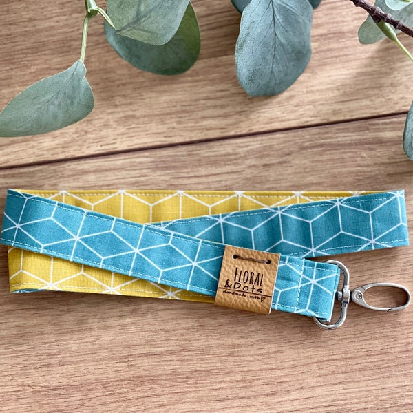 HYGGE Geo Türkis • Schlüsselband Senfgelb Ocker  • Lanyard Mustard Schlüsselanhänger Karabiner Leder  Design Ausweisband