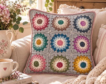 Könnte beinhalten: Ein quadratisches Häkelkissen mit grauem Hintergrund und neun verschiedenen kreisförmigen Blumenmotiven in verschiedenen Farben wie Rosa, Türkis, Gelb, Blau und Violett. Das Kissen hat einen hellrosa gehäkelten Rand an der Außenkante.