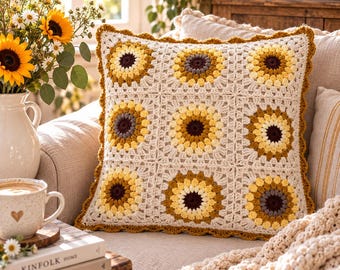 Könnte beinhalten: Ein quadratischer Kissenbezug aus Häkelarbeit mit einem Gitter aus neun Sonnenblumenmotiven. Jede Sonnenblume hat eine dunkelbraune Mitte, umgeben von gelben und cremefarbenen Blütenblättern, auf hellbeigem Grund mit senfgelbem Wellenrand.