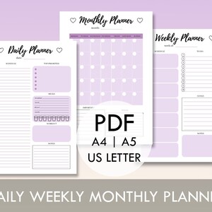 Purple Lavender Ensemble de planificateur quotidien, hebdomadaire et mensuel, Inserts de planificateur A5 imprimables, Bullet Journal, Planificateur étudiant, Planificateur 2019