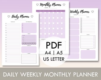 May include: Printable daily, weekly, and monthly planner templates in PDF format. The templates are designed in a light purple color scheme with a simple and modern aesthetic. The daily planner includes sections for scheduling, top priorities, meals, workout, and notes. The weekly planner has sections for schedule, to-do list, goals, and notes. The monthly planner features a grid layout with circles for each day of the month.