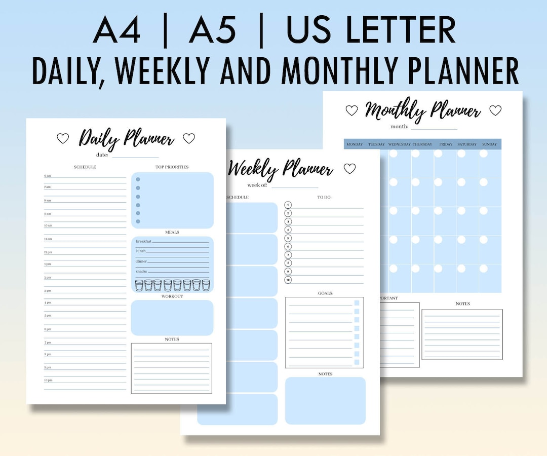 Daily, Weekly and Monthly Planner Set, Printable A5 Planner Inserts ...