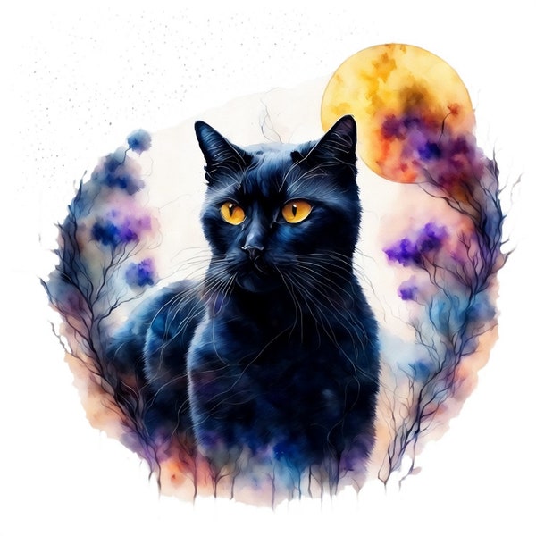 Dreamy Black Cat with Yellow Eyes and Full Moon, Animal Protector, PleiadianGuidance, Psychic Gypsywind, Wolf PNGs, Graphic Designs