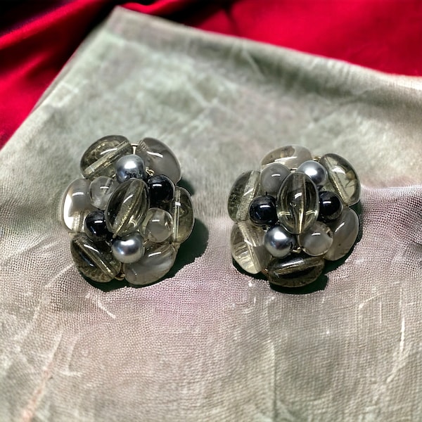 1950's Smokey Gray and Silver Made in Western Germany Clear Glass Beads Cluster Design Metal Setting Mid Century Vintage Clip On Earrings