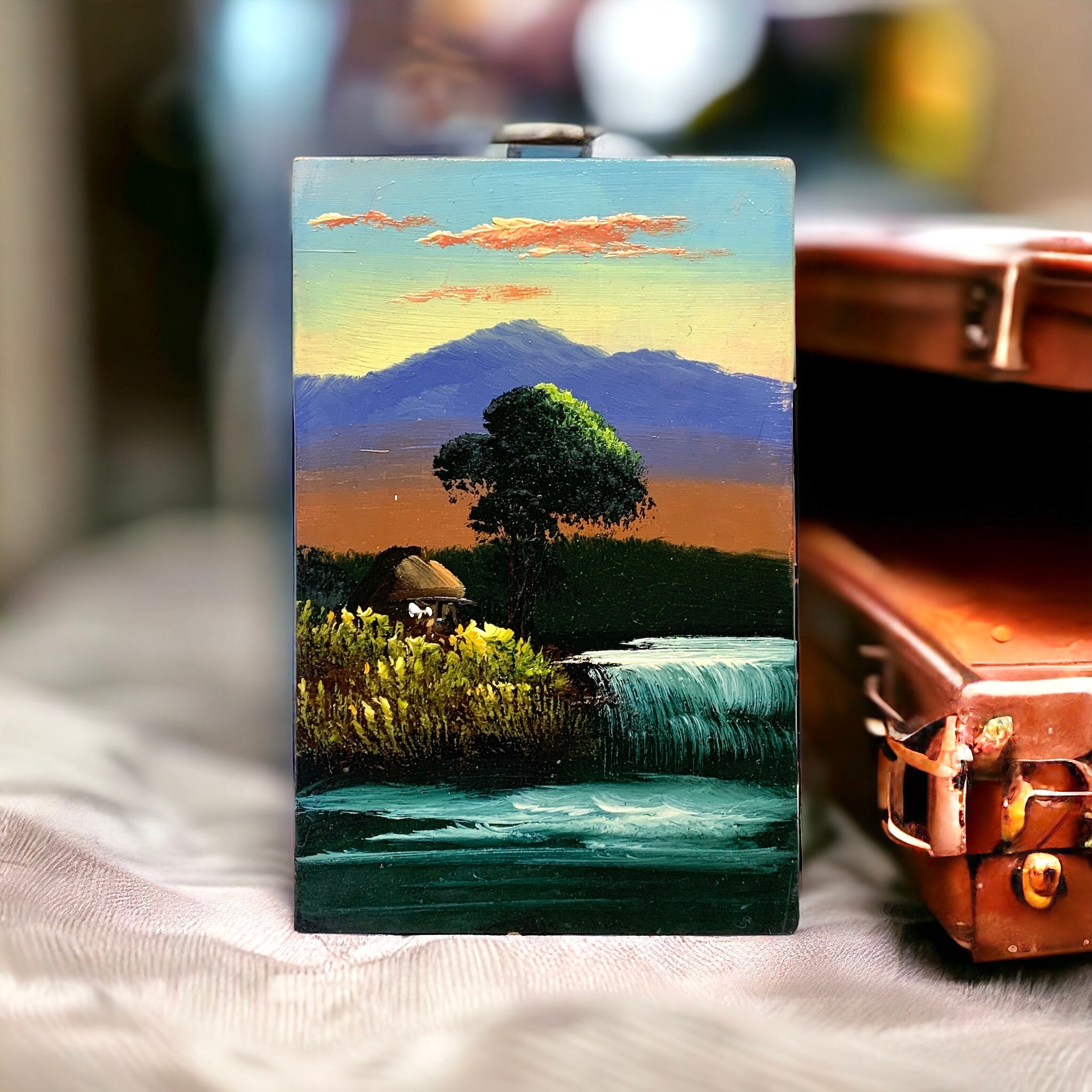 Antique Japanese Miniature Oil Painting: Mountain Landscape