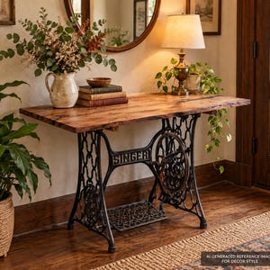 May include: A rectangular wooden table with a natural grain finish supported by a black cast iron base featuring the Singer brand name in raised lettering. The base includes a large side wheel and a foot pedal, repurposed from a sewing machine.
