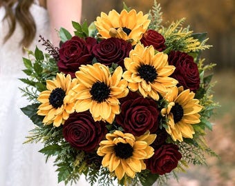 Sunflower Yellow Deep Red Rose Rustic Wedding Bouquet, Sola Wood Bridal Bouquet - GOLDIE