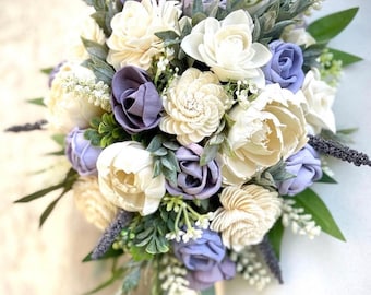 Wood Flower Bouquet in Ivory Lavender, Purple, Wisteria Rose, Peony and Dahlia Wedding, Eco Friendly, Keepsake, Forever Flowers by Gigi