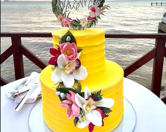 Tropical Island Flower Cake Flowers, Cake Topper, Wedding Cake, White Cymbidium Orchid, Hot Pink Fuchsia Plumeria, Light Pink Peony, Yellow