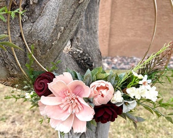 Wood Flower Burgundy Pink Ivory Hoop Wreath Bouquet, Bridesmaid, Minimalist Modern Wreath, Eco Friendly, Keepsake, Forever Flowers by Gigi