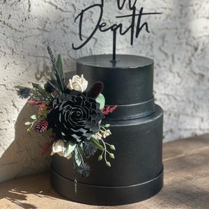 Goth Wood Flower Wedding Cake, Black Rose Cake Flowers, Gothic, Moody, Noir Dark Red, Burgundy, Blush, Black, Ivory, Cake Decor, Cake Top image 2