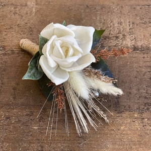 Sola Wood Flower Boutonniere: Ivory White Rose, Groom Keepsake