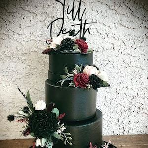 Goth Wood Flower Wedding Cake, Black Rose Cake Flowers, Gothic, Moody, Noir Dark Red, Burgundy, Blush, Black, Ivory, Cake Decor, Cake Top image 1