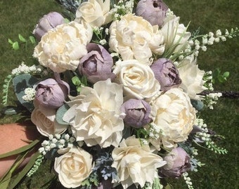 The “Gigi” Wood Flower Bouquet Ivory Lavender Bouquet, Bridal Wedding Bouquet, Peony, Dahlia Wedding, Keepsake, Forever Flowers by Gigi