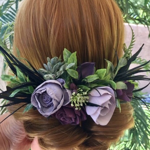 The “Julia” Plum, Lavender, Purple Wood Flower Peony, Rose Half Crown Hair Comb, Black Feathers, Wedding Bride Flower, Eco Friendly, Scented
