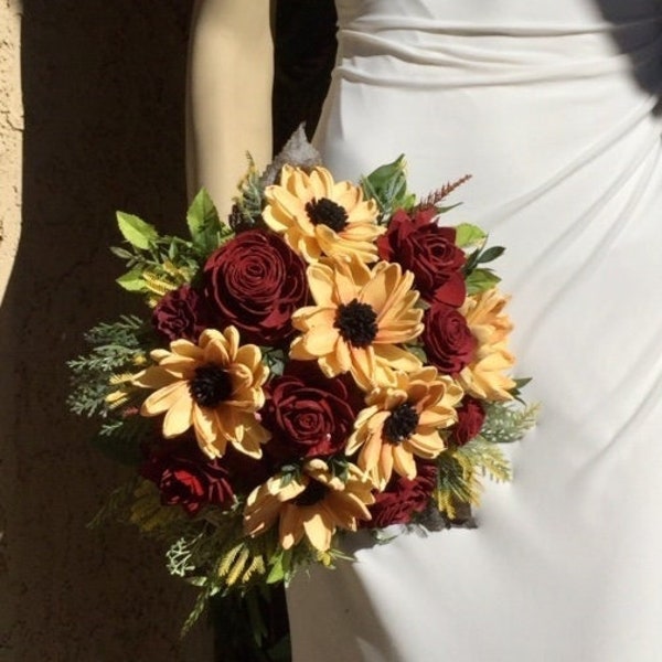 Wood Flower Bouquet in Deep Red Rose and Beautiful Sunny Wood Sunflower, Burlap Handle, Scent Options, Keepsake, Forever Flowers by Gigi