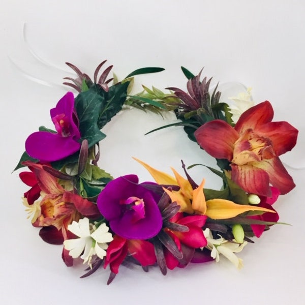 Quality Tropical Silk Floral Crown, Hawaiian Flower Haku Head Lei, Island Hair, Full/Half Crown, Hawaiian Orchid, Plumeria, Bird of Paradise