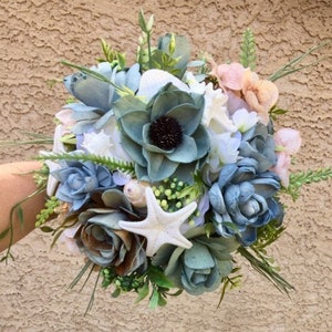 Beach Wedding Bouquet: Sola Wood Flowers, Seashells, Burlap Handle