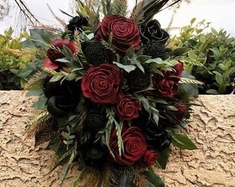 The “Ava” Gothic Wedding Wood Flower Bouquet in Dark Red and Black Wood Rose, Burgundy Goth Bouquet, Scent Options, Keepsake,