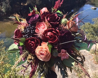 Custom Wood Flower Wedding Bouquet Made to Order - Goth Colors, Burgundy, Red, Black, Wild, Keepsake, Forever Flowers
