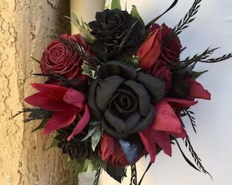 Goth Bridal Bouquet, Burgundy Black Sola Wood Flower, Dark Red Bouquet, Gothic Bouquet, Wooden Flower Bouquet, Black Wedding Bouquet | CHERI