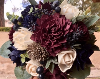 Wood Flower Bouquet Burgundy Wine, Navy, Ivory, Gold, Sola Wedding Bouquet, Dahlia, Eco Friendly, Keepsake, Forever Flowers by Gigi | SASHA