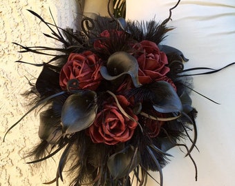 Gothic Wedding Wood Flower Wedding Bouquet, Dark Red Wood Roses, Faux Black Calla Lily, Feathers, Spikes, Goth Halloween, Scent options