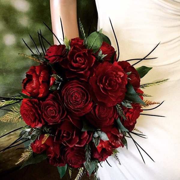 Wood Flower Bouquet in Shades of Rich Deep Reds, Dark Red Bridal Bouquet, Red Rose Valentines Day Love Bouquet, Forever Flowers by Gigi