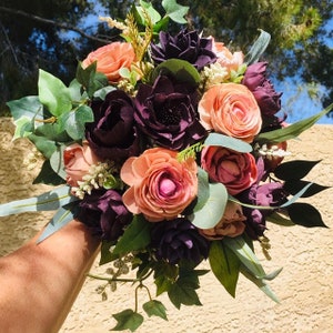 Wood Flower Bridal Bouquet in Plum & Coral Ranunculus, Peony, Dahlia, Anemone, Wedding Bouquet, Scented, Keepsake | THONY