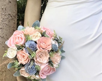 Wood Flower Bouquet in Ivory, Light Pink, Baby Blue and Blush Pink Bridal Wedding Bouquet, Lambs Ear, Dusty Miller, Forever Flowers by Gigi