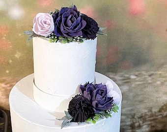 Sola Wood Flower Wedding Cake in Lavender Roses, Plum Purple Dahlias, Dark Purple Carnations, Cake Flowers, Cake Decor, Topper, Wedding Cake