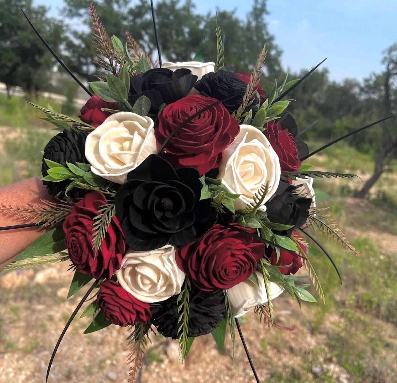 Black \u0026 Red Sola Wood Flower Bridal Bouquet: Dark Romance Wedding - Etsy, image size:1284x1240