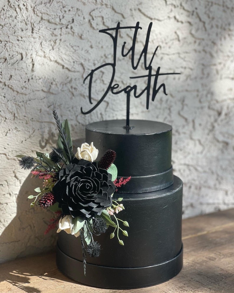 Goth Wood Flower Wedding Cake, Black Rose Cake Flowers, Gothic, Moody, Noir Dark Red, Burgundy, Blush, Black, Ivory, Cake Decor, Cake Top image 2