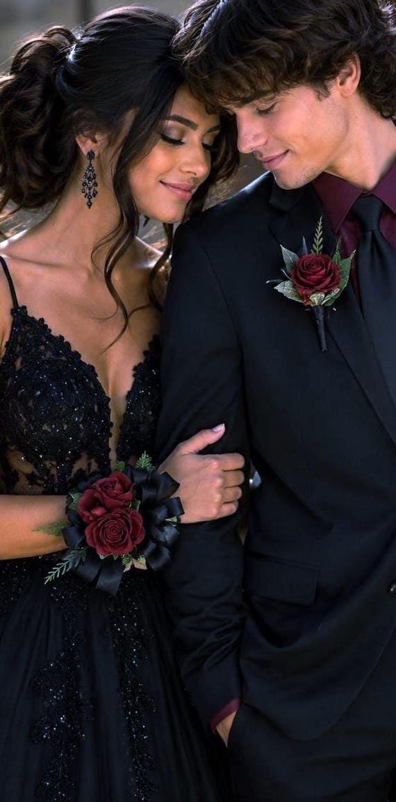 Dark Red Black Homecoming Corsage Boutonniere Set, Sola Wood Goth Prom Flowers, Elegant Wristlet
