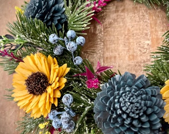 Wood Flower Wreath 10" Diameter with Sunflowers, Teal Mums, Blue Berry, Yellow Accent Flowers and Fushia Heather Flowers