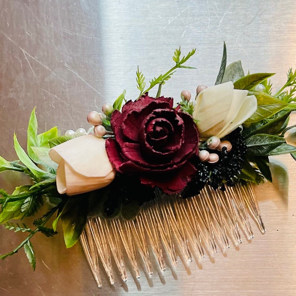 Sola Wood Burgundy, Blush, Ivory Floral Comb, Custom Wedding Comb, Floral Up-do, Bridal Hair Flower, Eco Friendly, Forever Flowers by Gigi