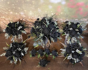 Paquet de fleurs de mariage gothique rose noire - Ensembles de bouquet de mariée en bois de sola - TINA