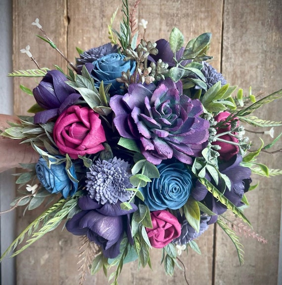 Succulent Wedding Bouquet - Hot Pink Purple Blue Sola Wood Bridal