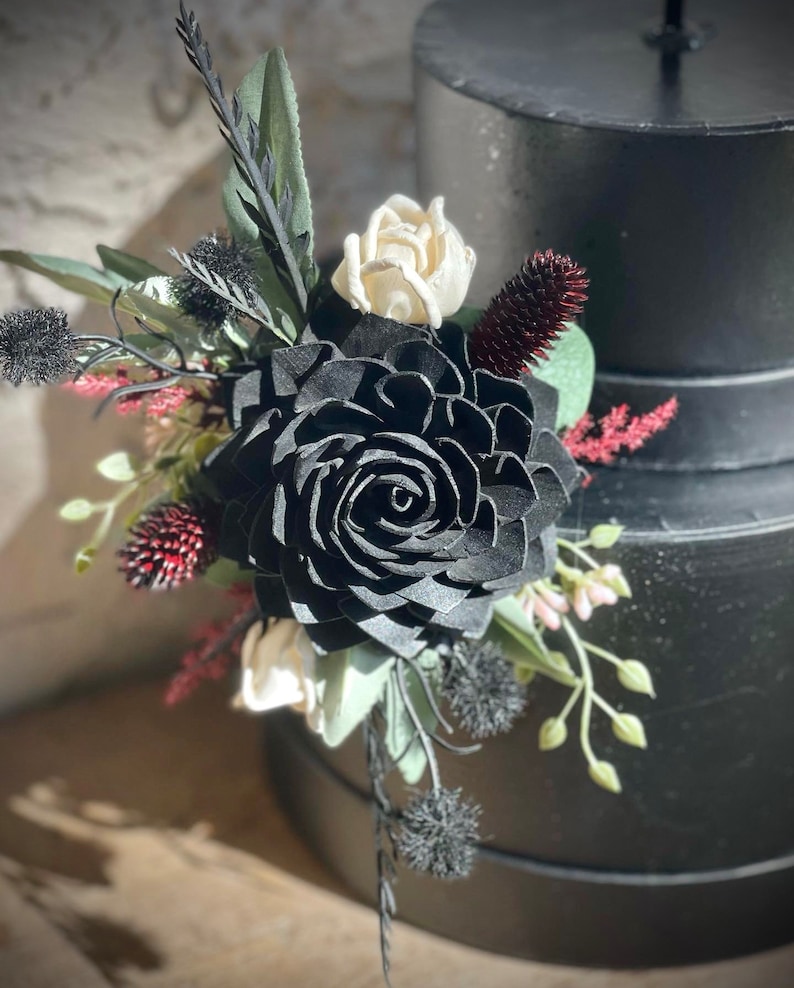 Goth Wood Flower Wedding Cake, Black Rose Cake Flowers, Gothic, Moody, Noir Dark Red, Burgundy, Blush, Black, Ivory, Cake Decor, Cake Top Large Center