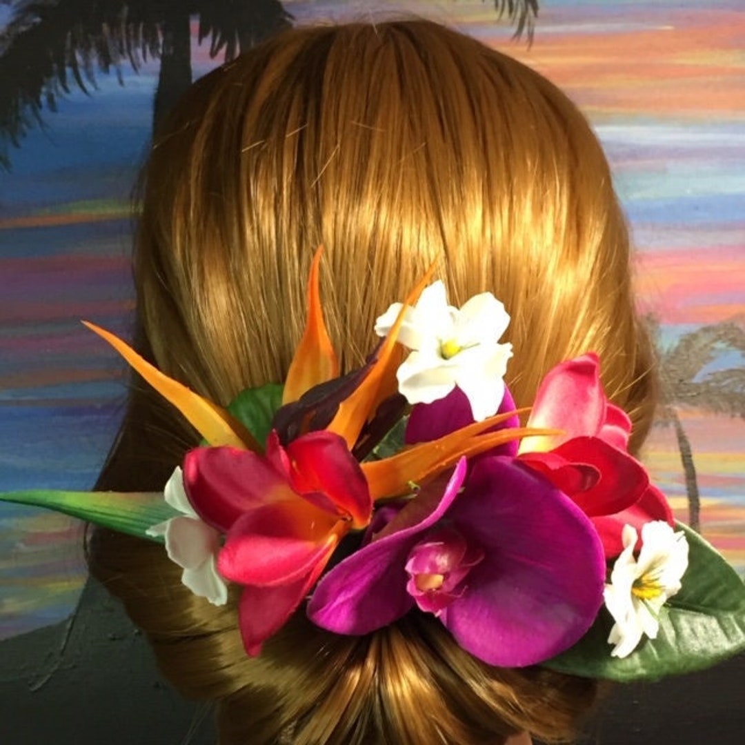 Quality Tropical Silk Floral Hair Comb, Hawaiian Flower Comb, Island