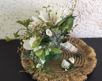 Wood Flower Custom Wedding Bouquet in White Lilies, Roses, Faux Snap Dragons,  Burlap and Lace, Ivory Flowers, Boho Wild Style Greenery